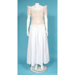 BIANCHI Vintage 80s White Lace Top Off Shoulder Wedding Maxi Dress sz 12 /843